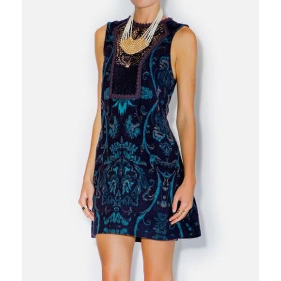 Free People Maribelle Mini Dress Womens Medium Blue Embroidered Sheer Neckline - Picture 1 of 10